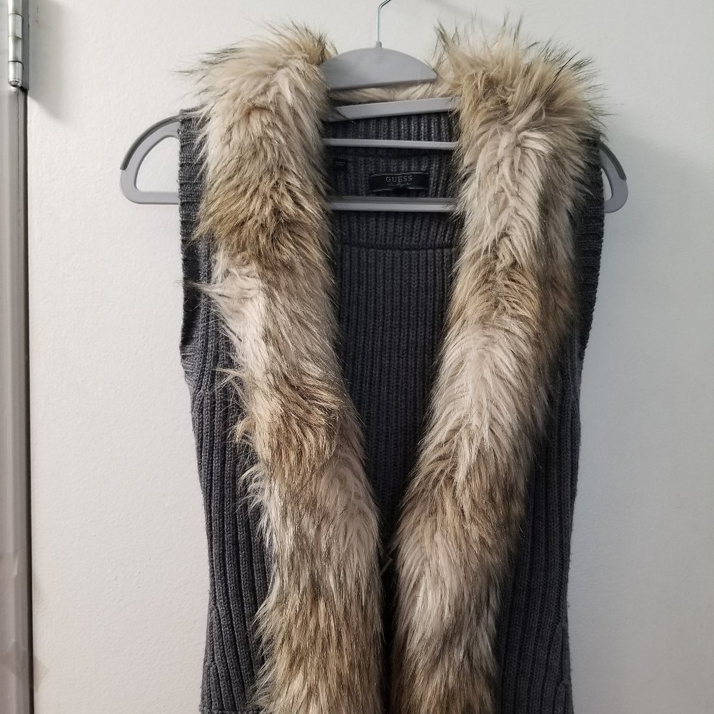 Guess Faux fur knit sweater vest with horn tooth closure.